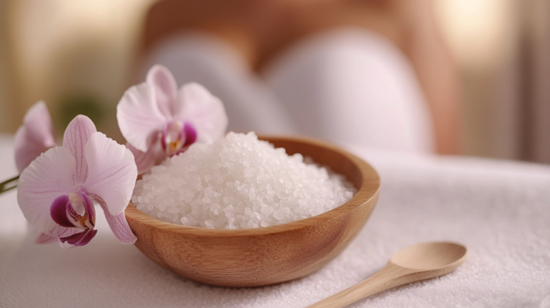 A Bowl of Salt and Orchids on A Spa Table