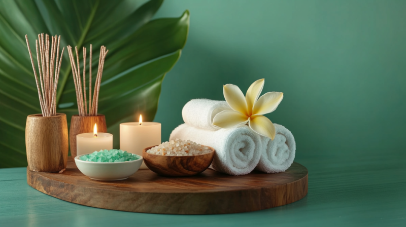 A Neatly Arranged Spa Setting with Towels, Candles, and Salts, Perfect for Creating a Professional Spa Price List