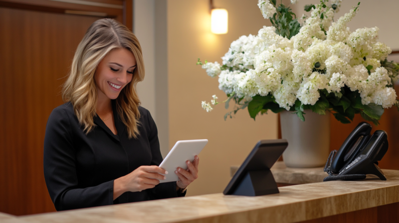 A Spa Receptionist Smiling While Using a Tablet, Possibly Handling Client Bookings or Pricing Inquiries