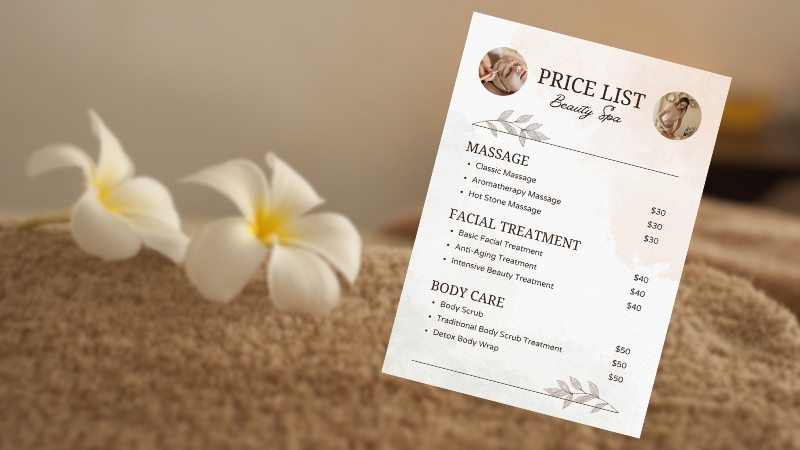 A Spa Price List Displayed with Various Treatments and Prices