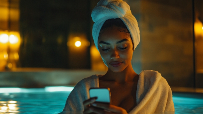 A Woman Relaxing in A Spa, Using Her Phone, Possibly Looking for Feedback or Information About Services and Prices