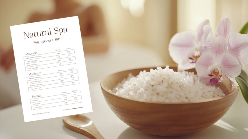 A Spa Price List Showing Various Services and Prices