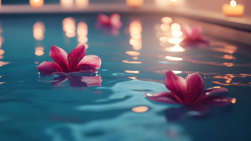 Pink Flowers Floating in A Calm Spa Pool with Soft Candlelight in The Background