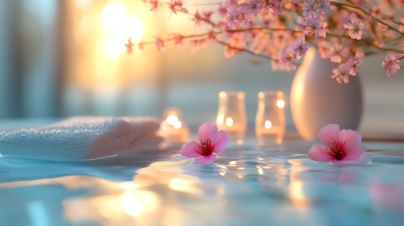 Pink Flowers, Candles, and A Towel in A Calm Setting for A Day at The Spa